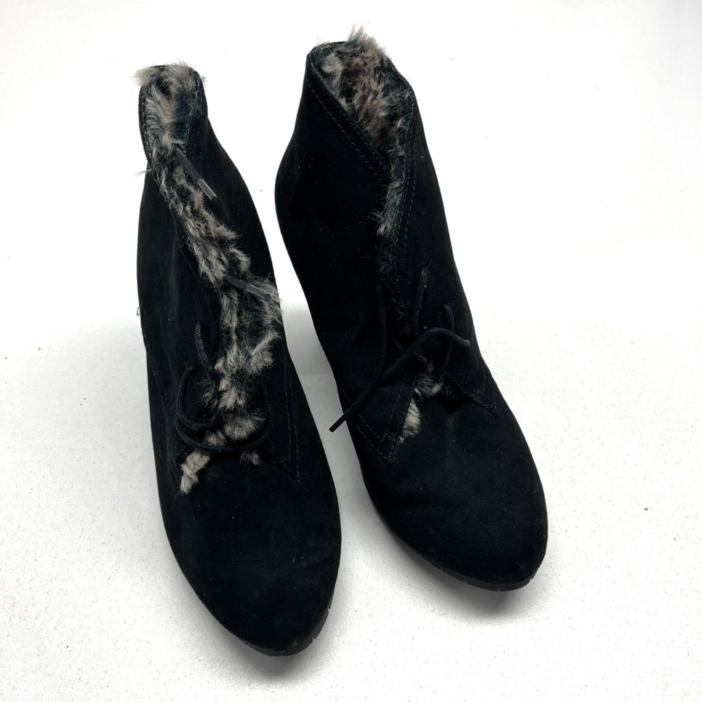 Leila Stone Faux Fur Heel Boots 10 Lace Up Brown Black Ankle Booties Glam